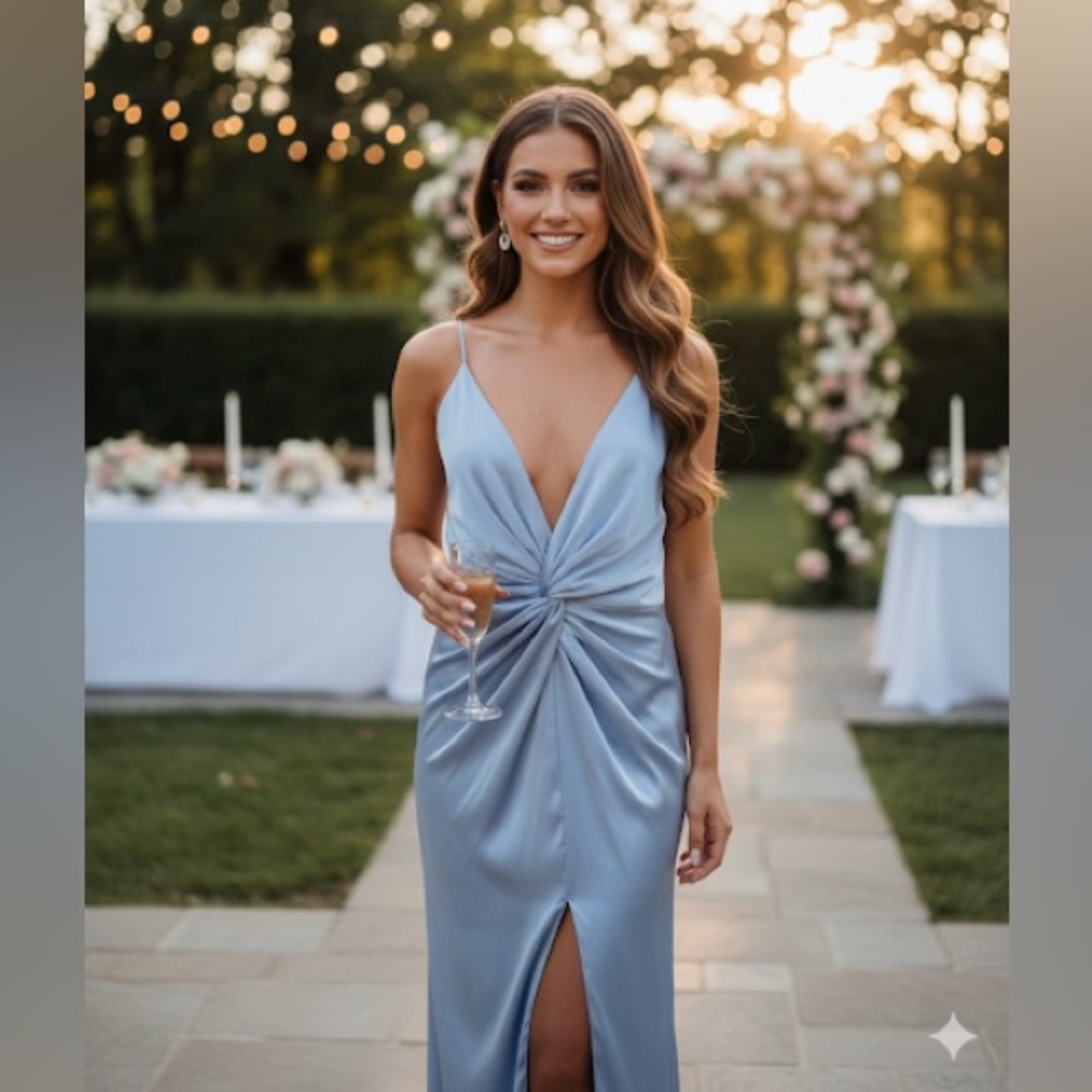 Abercrombie & Fitch Blue Twist-Front Spaghetti Strap Prom Wedding Dress Size L - Picture 2 of 12
